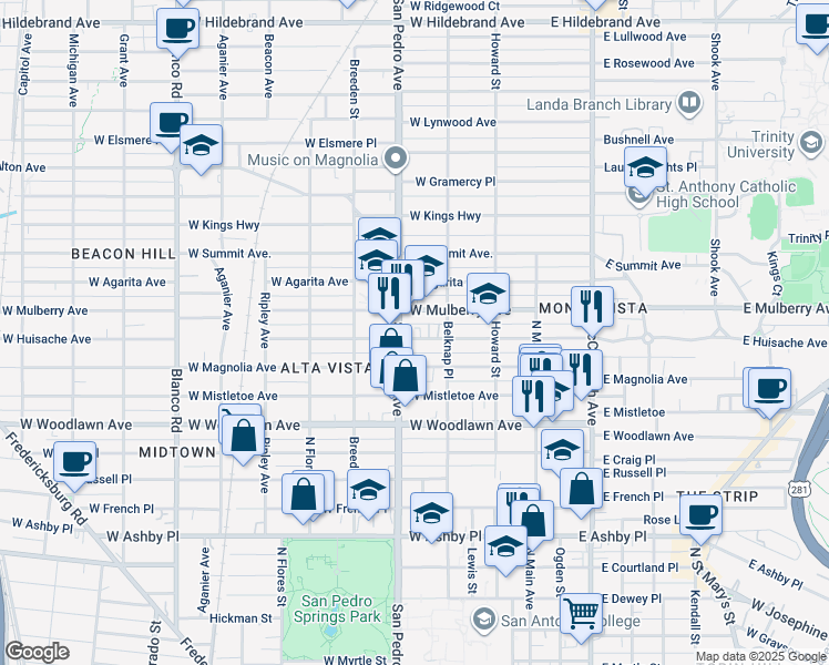 map of restaurants, bars, coffee shops, grocery stores, and more near 2222 San Pedro Avenue in San Antonio