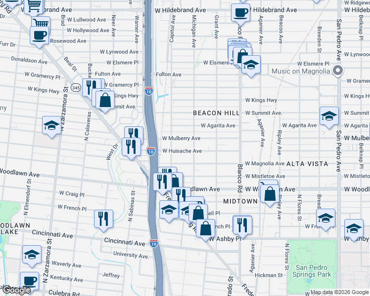 map of restaurants, bars, coffee shops, grocery stores, and more near 1114 West Huisache Avenue in San Antonio