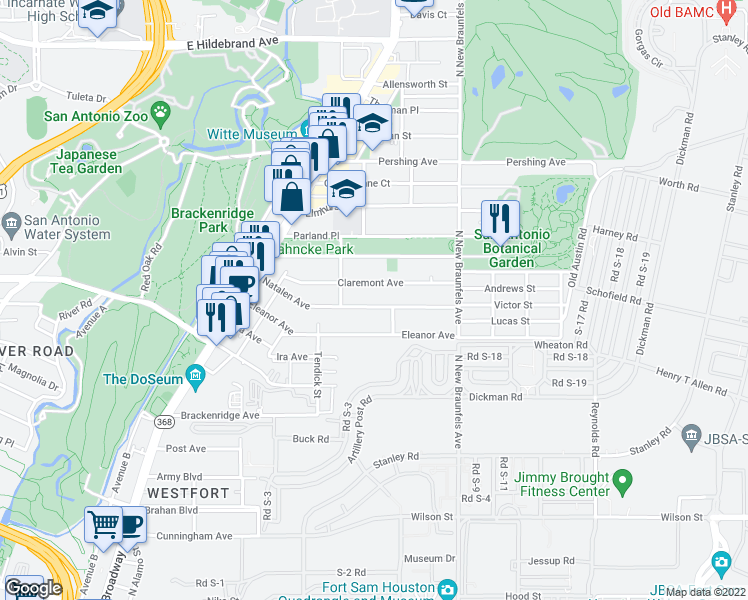 map of restaurants, bars, coffee shops, grocery stores, and more near 333 Natalen Avenue in San Antonio