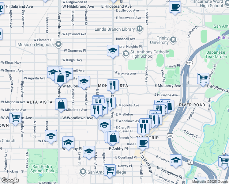 map of restaurants, bars, coffee shops, grocery stores, and more near 201 East Huisache Avenue in San Antonio