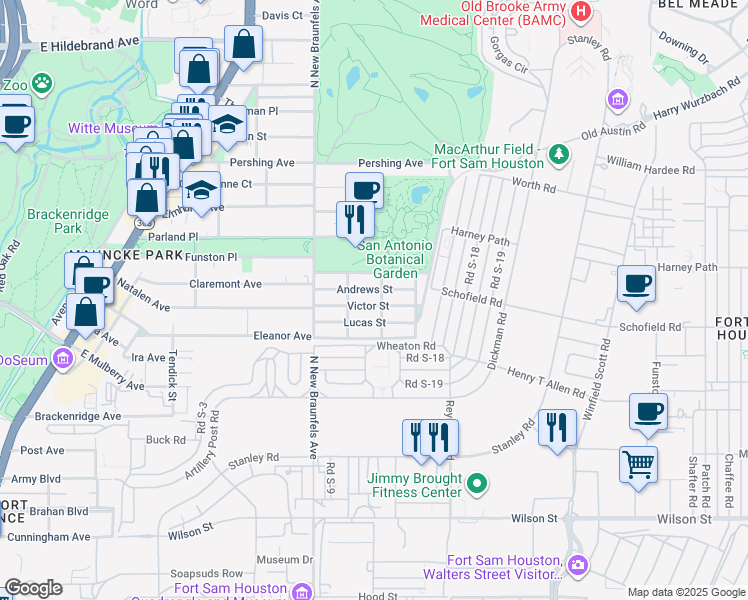 map of restaurants, bars, coffee shops, grocery stores, and more near 231 Lucas Street in San Antonio