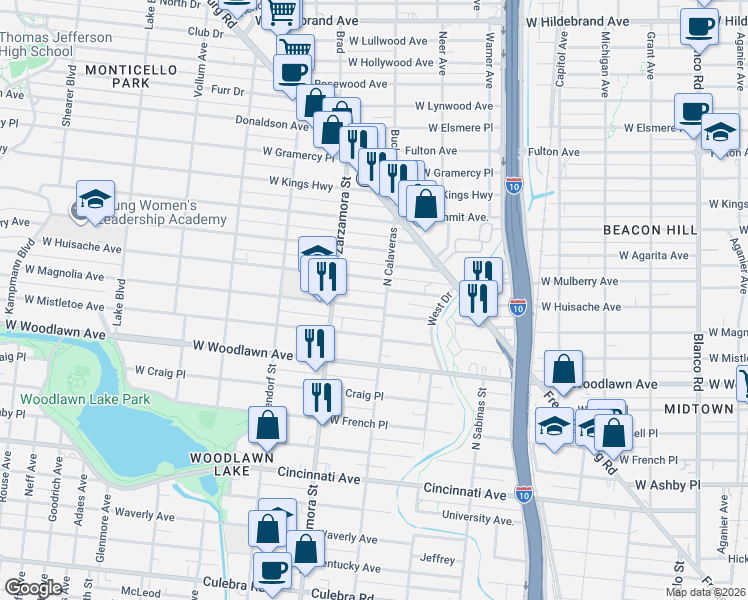 map of restaurants, bars, coffee shops, grocery stores, and more near 1609 West Magnolia Avenue in San Antonio