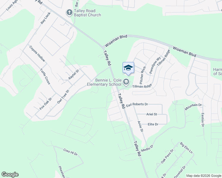 map of restaurants, bars, coffee shops, grocery stores, and more near 2155 Talley Road in San Antonio