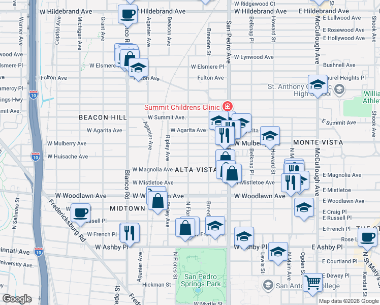 map of restaurants, bars, coffee shops, grocery stores, and more near in San Antonio