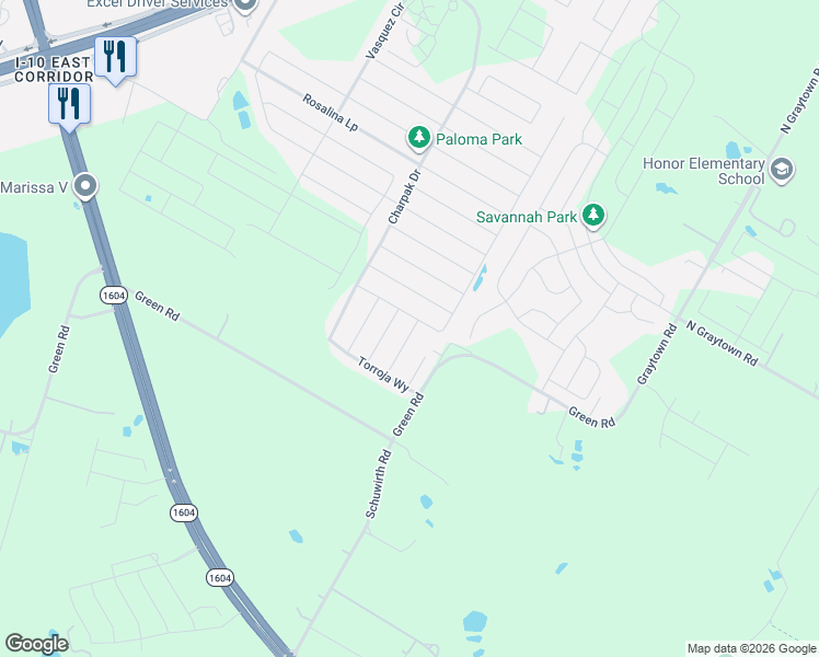 map of restaurants, bars, coffee shops, grocery stores, and more near 10629 Green Road in Converse