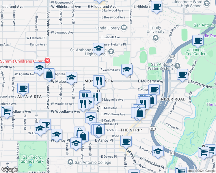 map of restaurants, bars, coffee shops, grocery stores, and more near 323 Carleton Court in San Antonio