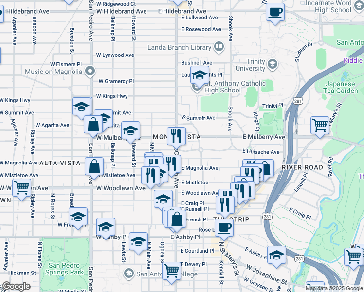 map of restaurants, bars, coffee shops, grocery stores, and more near 204 East Huisache Avenue in San Antonio
