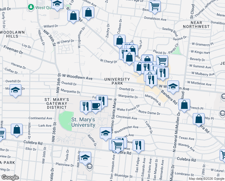 map of restaurants, bars, coffee shops, grocery stores, and more near in San Antonio