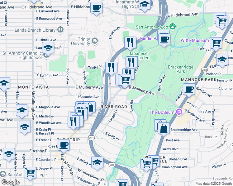 map of restaurants, bars, coffee shops, grocery stores, and more near 3305 North Saint Mary's Street in San Antonio