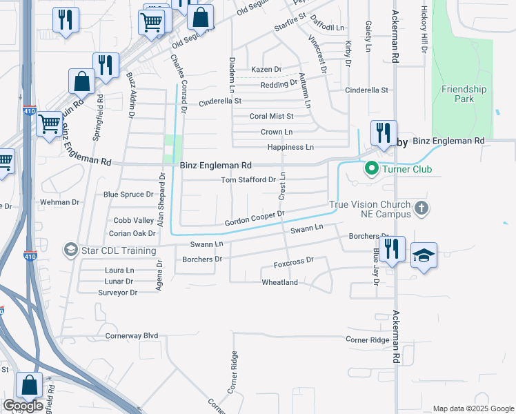 map of restaurants, bars, coffee shops, grocery stores, and more near 5142 Gordon Cooper Drive in San Antonio