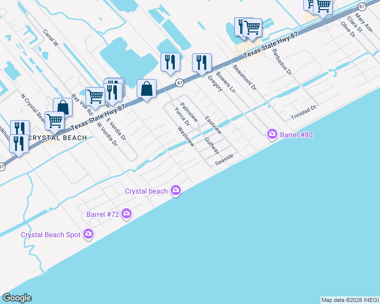 map of restaurants, bars, coffee shops, grocery stores, and more near 1977 Patton Beach Road in Bolivar Peninsula
