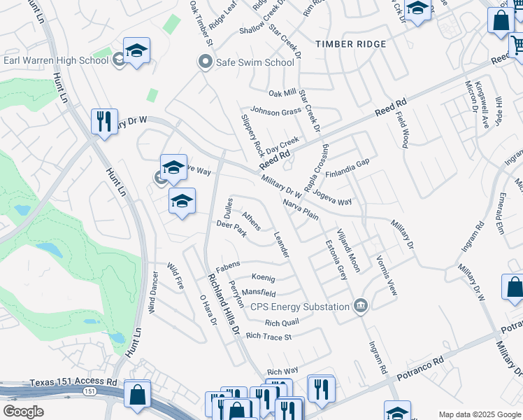 map of restaurants, bars, coffee shops, grocery stores, and more near 1811 Leander in San Antonio