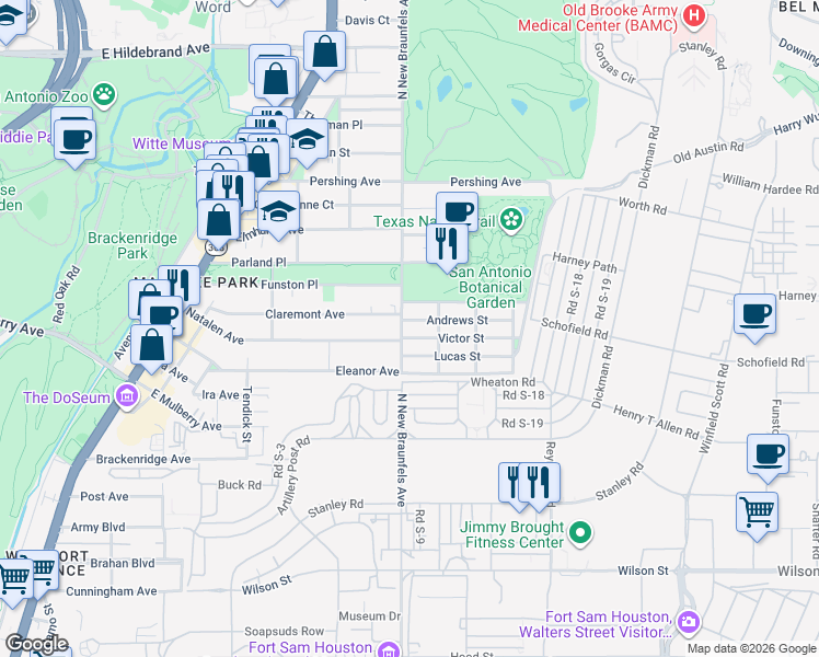 map of restaurants, bars, coffee shops, grocery stores, and more near 106 Andrews Street in San Antonio