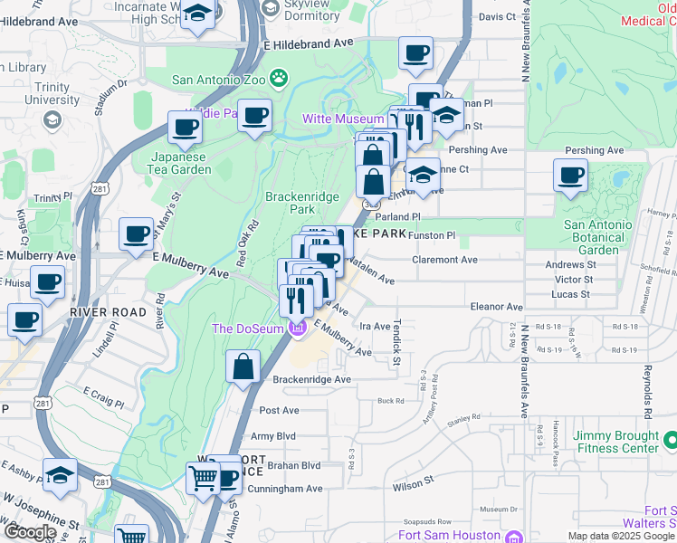 map of restaurants, bars, coffee shops, grocery stores, and more near 1100 Ira Avenue in San Antonio