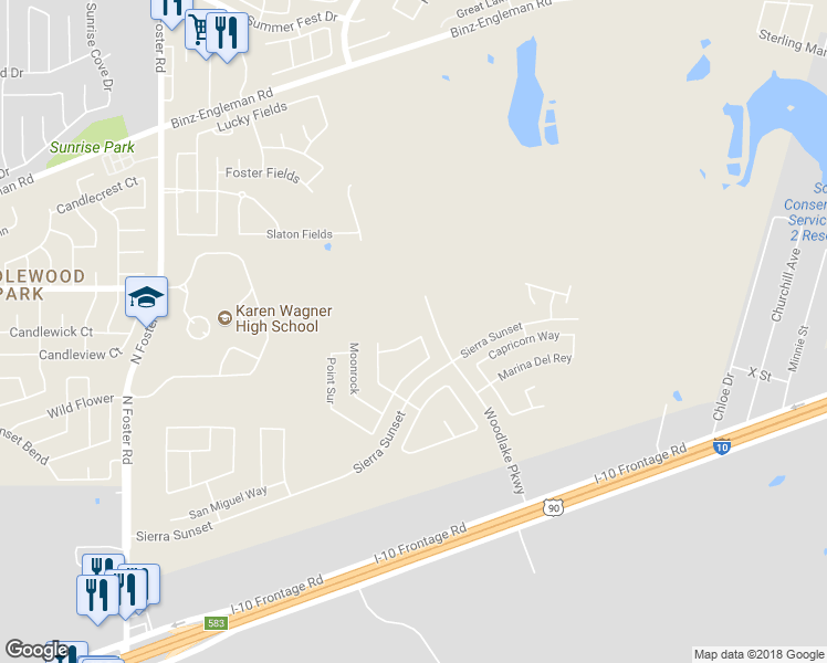 map of restaurants, bars, coffee shops, grocery stores, and more near 7039 Daybreak Peaks in Converse