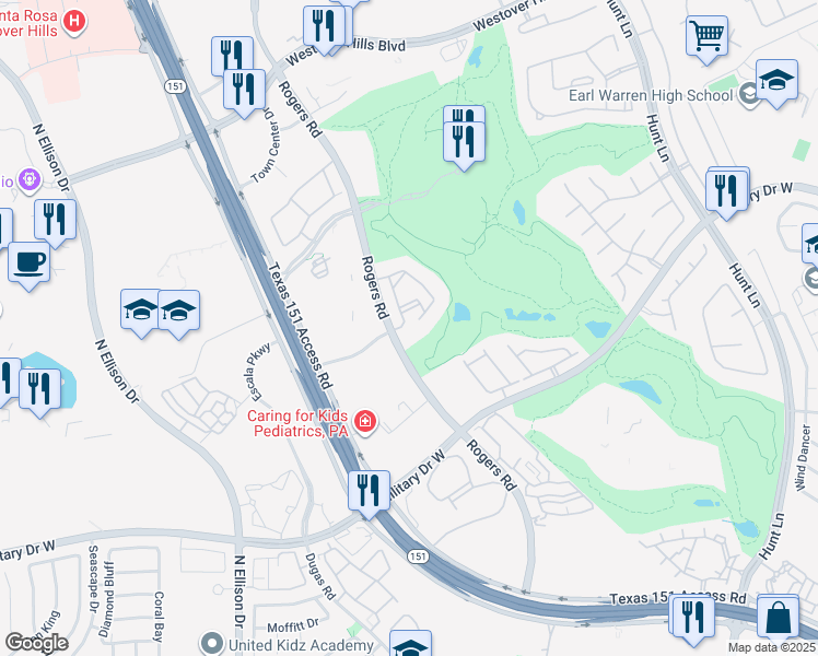 map of restaurants, bars, coffee shops, grocery stores, and more near 2210 Rogers Road in San Antonio