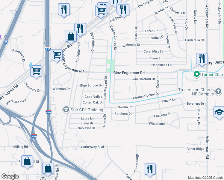 map of restaurants, bars, coffee shops, grocery stores, and more near 2703 Alan Shepard Drive in Kirby