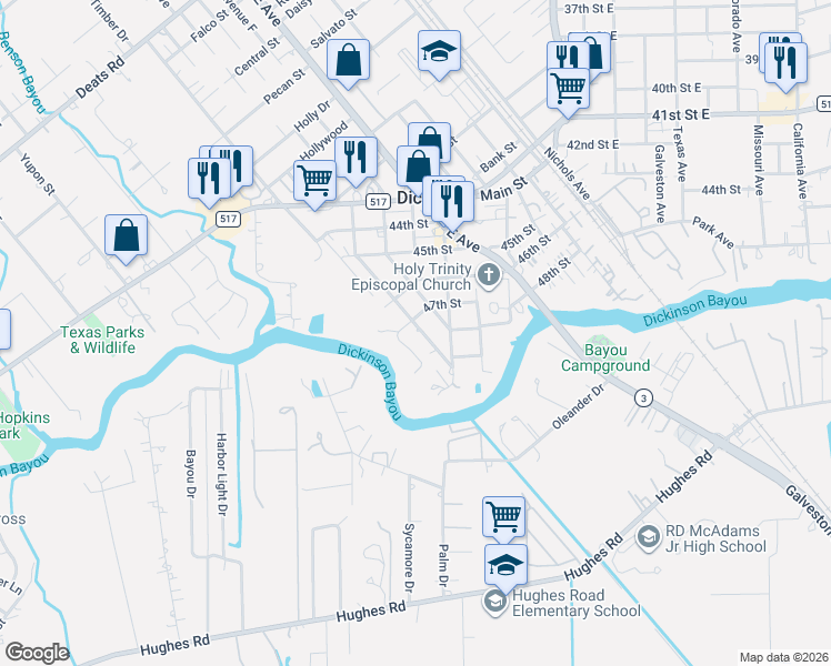 map of restaurants, bars, coffee shops, grocery stores, and more near 4808 Dakota Street in Dickinson