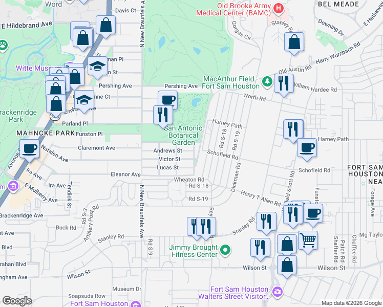 map of restaurants, bars, coffee shops, grocery stores, and more near 322 Andrews Street in San Antonio