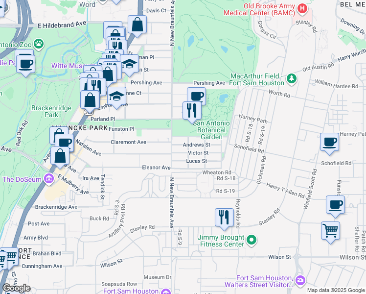 map of restaurants, bars, coffee shops, grocery stores, and more near 205 Pinckney Street in San Antonio