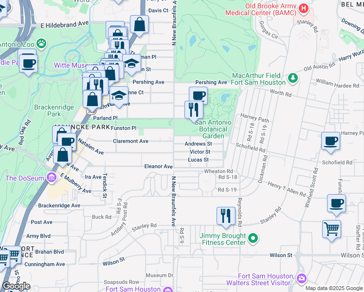 map of restaurants, bars, coffee shops, grocery stores, and more near 114 Andrews Street in San Antonio
