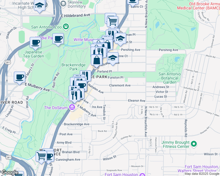 map of restaurants, bars, coffee shops, grocery stores, and more near 214 Milton Street in San Antonio