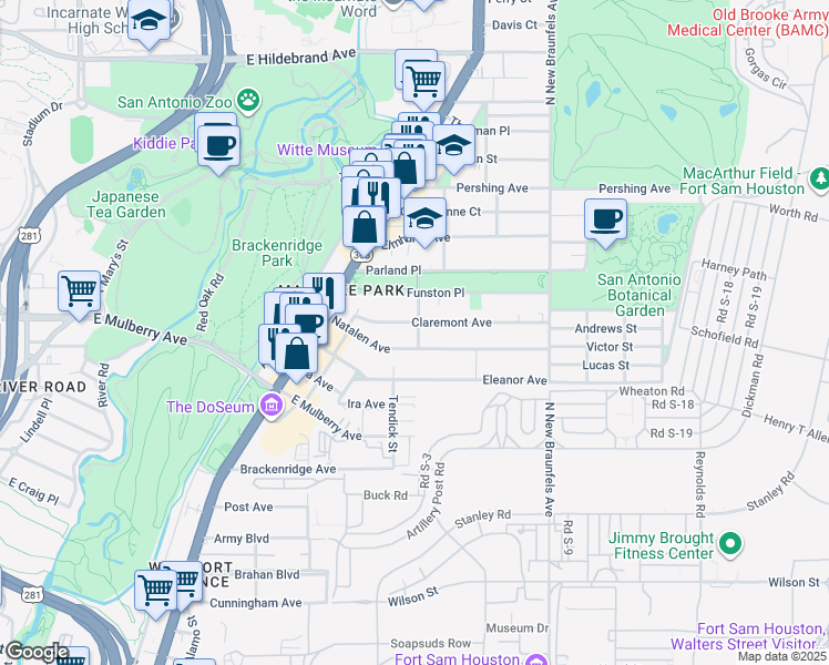 map of restaurants, bars, coffee shops, grocery stores, and more near 214 Milton Street in San Antonio