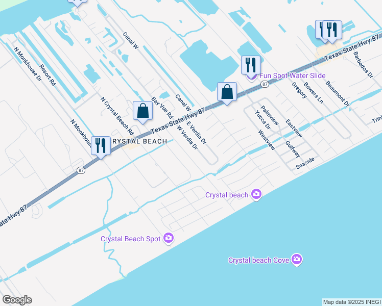 map of restaurants, bars, coffee shops, grocery stores, and more near 959 West Verdia Drive in Bolivar Peninsula
