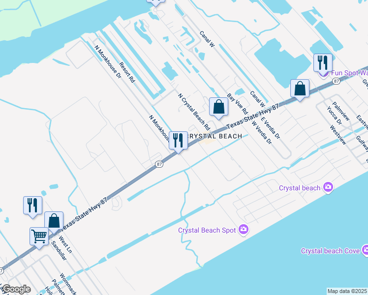 map of restaurants, bars, coffee shops, grocery stores, and more near 1004 South Monkhouse Drive in Bolivar Peninsula