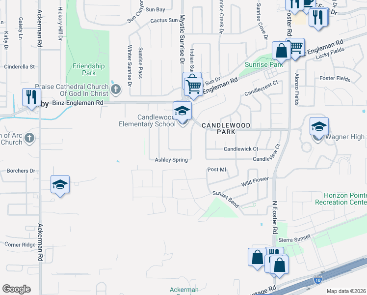 map of restaurants, bars, coffee shops, grocery stores, and more near 3635 Candleglenn in San Antonio