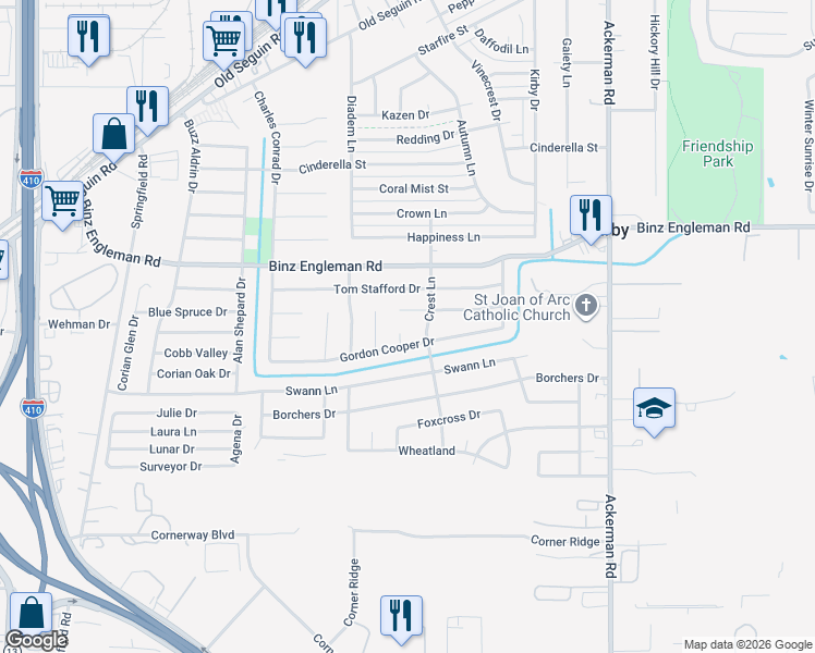 map of restaurants, bars, coffee shops, grocery stores, and more near 5107 Alan Bean Drive in San Antonio