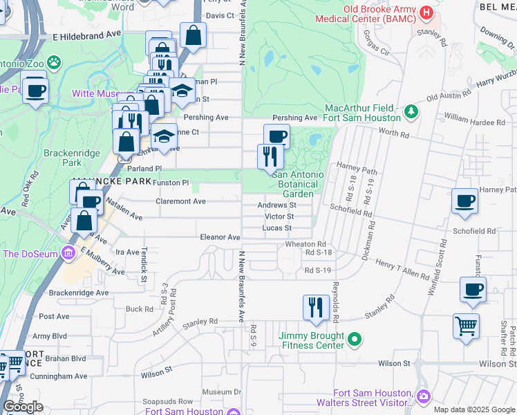 map of restaurants, bars, coffee shops, grocery stores, and more near 205 Pinckney Street in San Antonio
