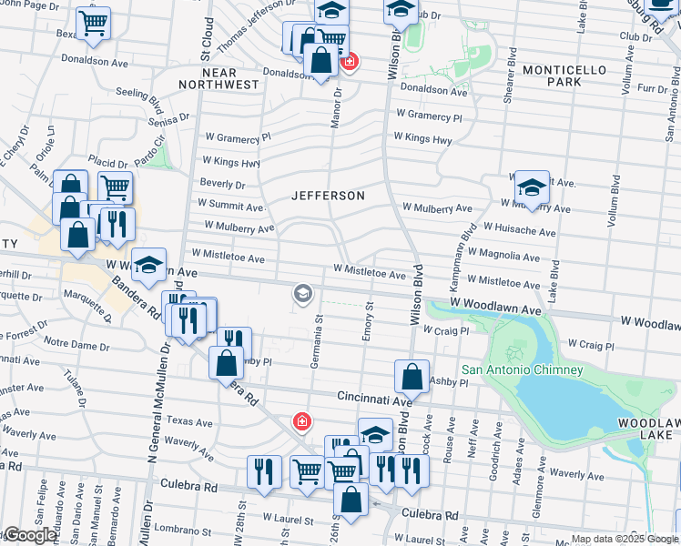 map of restaurants, bars, coffee shops, grocery stores, and more near 2455 West Magnolia Avenue in San Antonio
