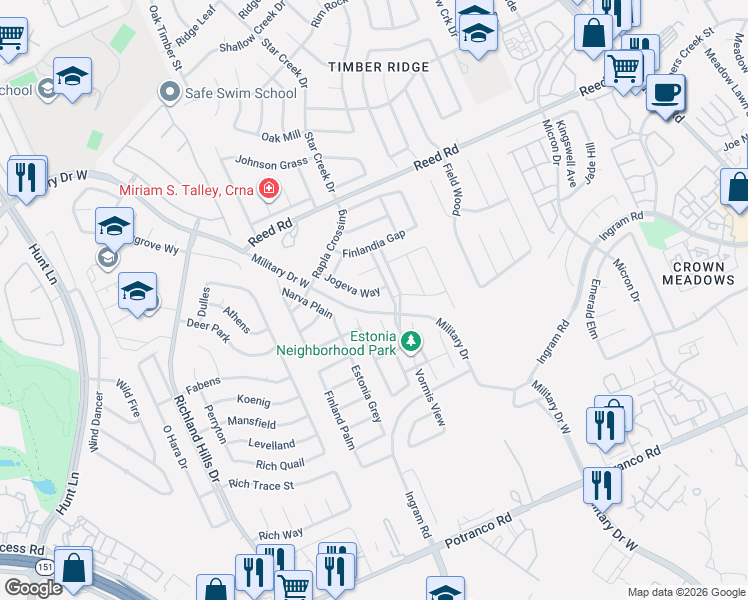 map of restaurants, bars, coffee shops, grocery stores, and more near 8714 Padiski Court in San Antonio