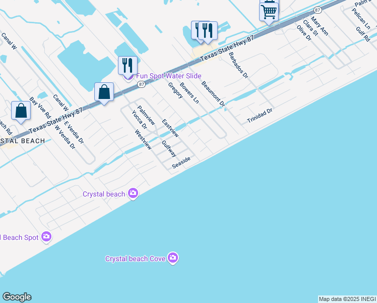 map of restaurants, bars, coffee shops, grocery stores, and more near 2109 Mills in Bolivar Peninsula