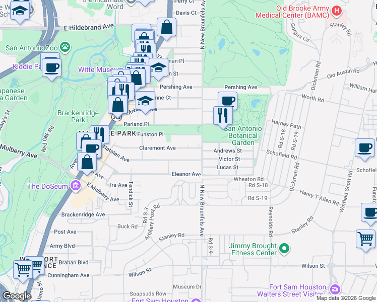 map of restaurants, bars, coffee shops, grocery stores, and more near 355 Claremont Avenue in San Antonio