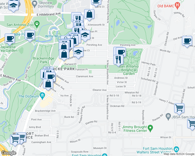 map of restaurants, bars, coffee shops, grocery stores, and more near 321 Claremont Avenue in San Antonio