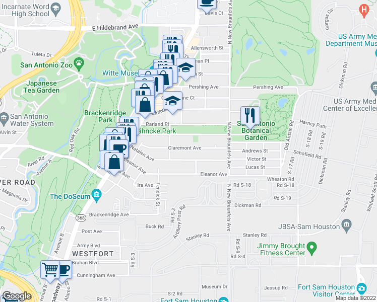 map of restaurants, bars, coffee shops, grocery stores, and more near 229 Claremont Avenue in San Antonio
