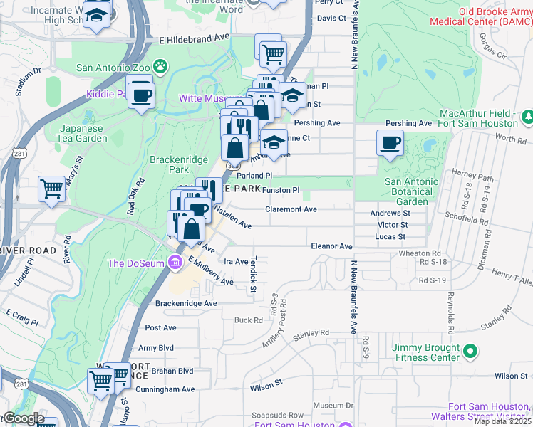 map of restaurants, bars, coffee shops, grocery stores, and more near 214 Milton Street in San Antonio