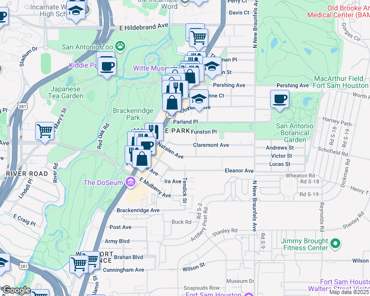 map of restaurants, bars, coffee shops, grocery stores, and more near 119 Claremont Avenue in San Antonio