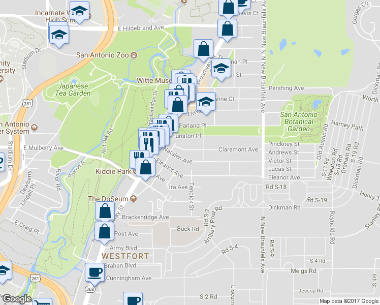 map of restaurants, bars, coffee shops, grocery stores, and more near 119 Claremont Avenue in San Antonio