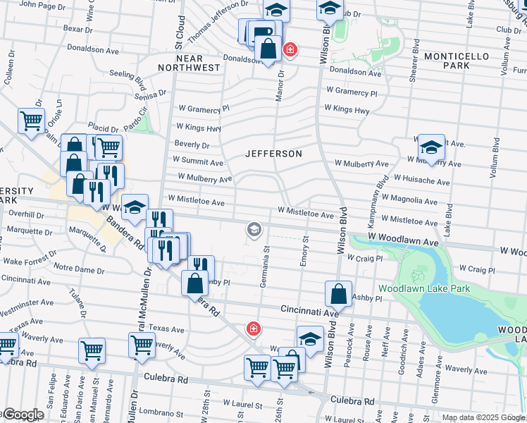 map of restaurants, bars, coffee shops, grocery stores, and more near 2623 West Mistletoe Avenue in San Antonio