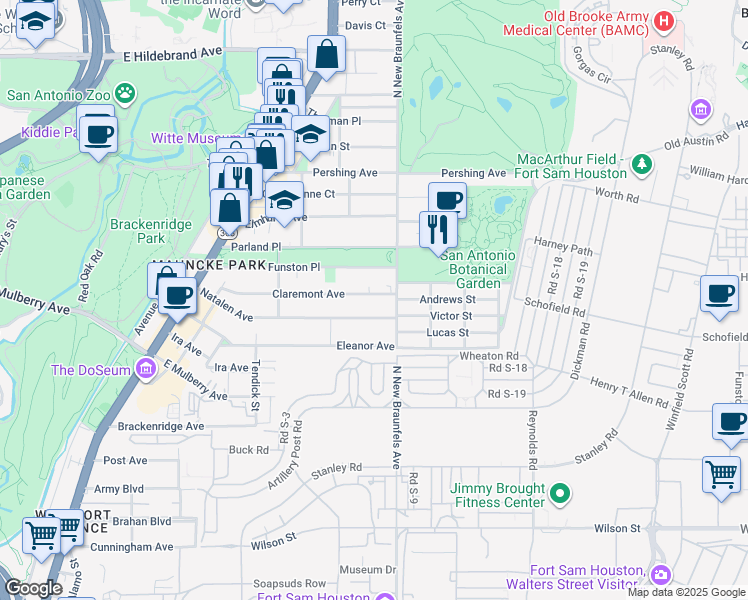 map of restaurants, bars, coffee shops, grocery stores, and more near 355 Claremont Avenue in San Antonio