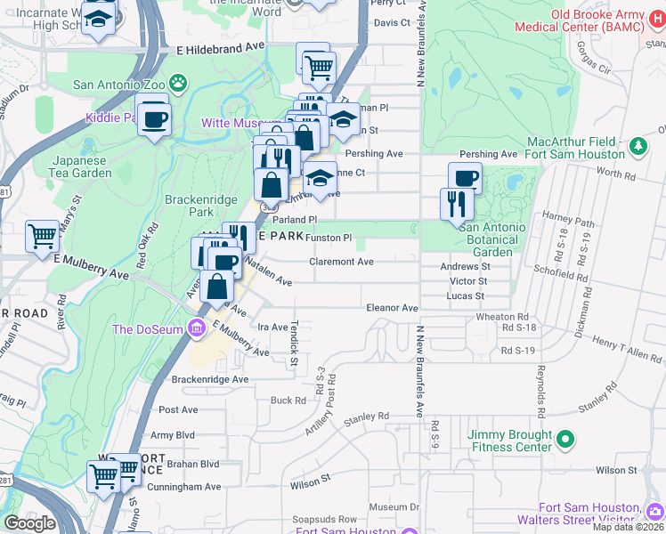 map of restaurants, bars, coffee shops, grocery stores, and more near 218 Claremont in San Antonio