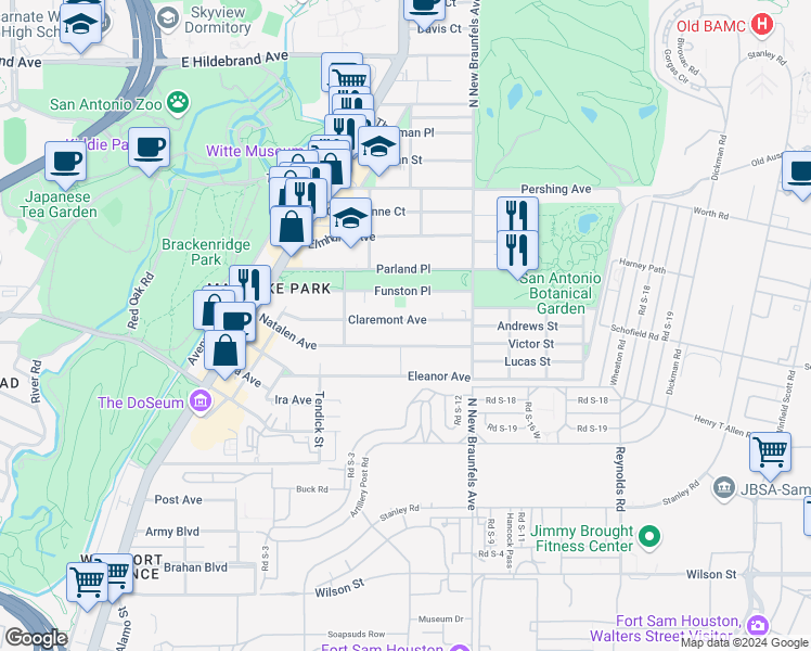 map of restaurants, bars, coffee shops, grocery stores, and more near 321 Claremont Avenue in San Antonio