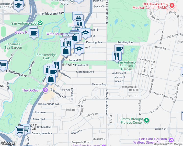 map of restaurants, bars, coffee shops, grocery stores, and more near 321 Claremont Avenue in San Antonio
