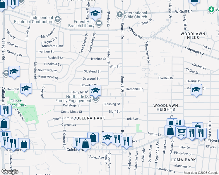 map of restaurants, bars, coffee shops, grocery stores, and more near 5111 Grovehill Street in San Antonio