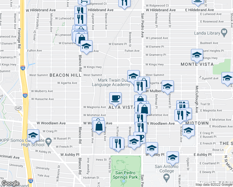 map of restaurants, bars, coffee shops, grocery stores, and more near 602 West Mulberry Avenue in San Antonio