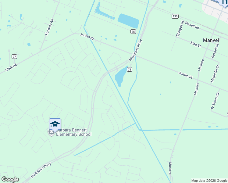 map of restaurants, bars, coffee shops, grocery stores, and more near 8599 County Road 75 in Manvel