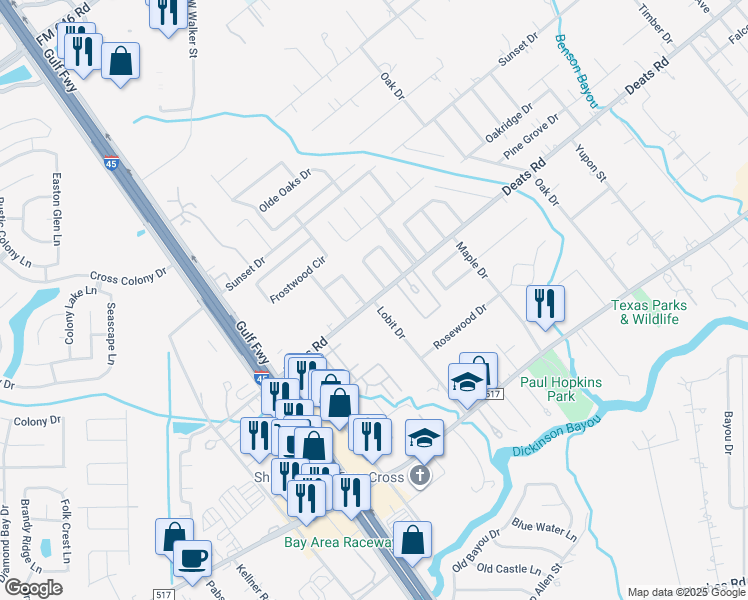 map of restaurants, bars, coffee shops, grocery stores, and more near 613 Deats Road in Dickinson